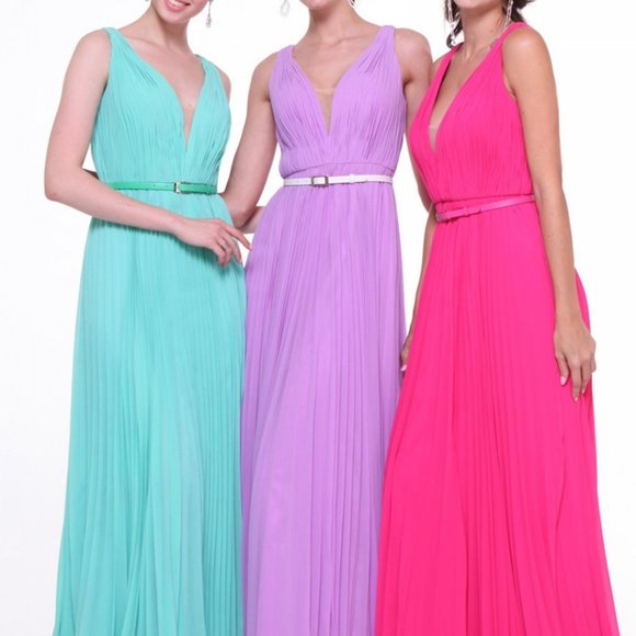 Illusion V-Neck A-Line Pleated Prom Dress CD1499 - Picture 3 of 7